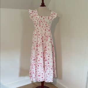 Hill House White Pink Maxi Sundress with Ruffled Smocked Details M NWOT